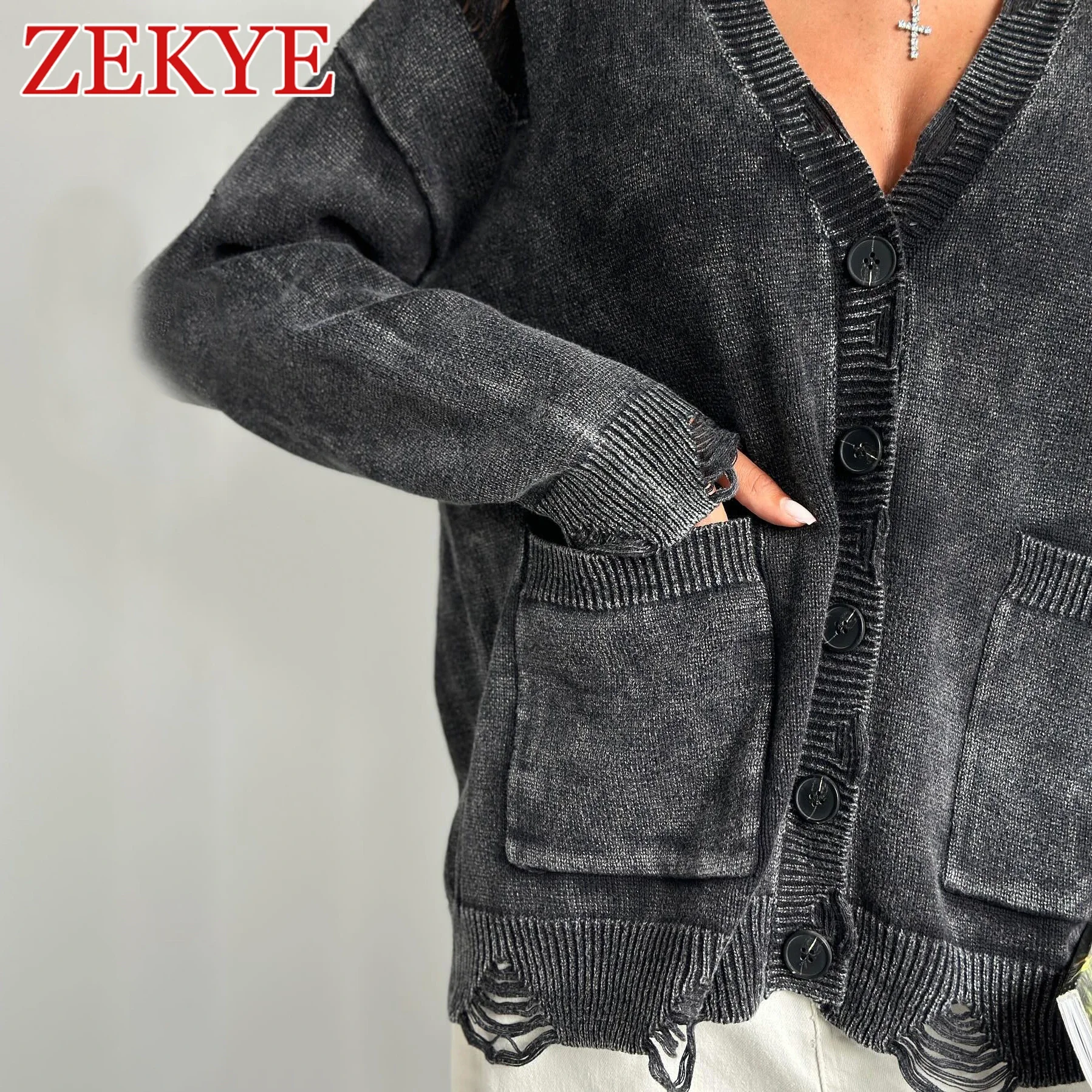 2024 Women Sweater Vintage Ragged Cardigan Fall Clothes Winter Y2K Pockets Black Sweater Knitted Oversized V Neck Coquette