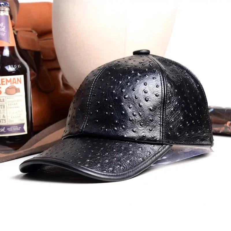 

Spring/Winter Male Genuine Leather Baseball Caps Protection Hockey Golf Fishing Gorras Trucker Hat For Man Bright Dot