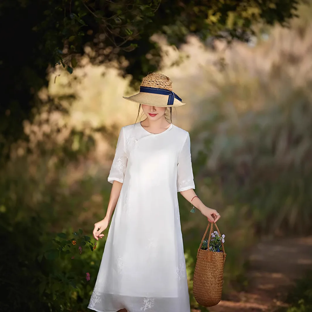 

Women's Ramie Dress Improved Cheongsam Crew Neck Embroidery Embroidery Chinese Style A-shaped Dress Fashion Casual Versatile Sim