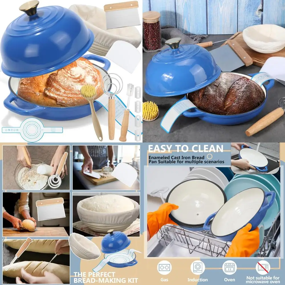 

8 Pcs Enameled Bread Dutch Oven with Lid for Sourdough Baking Oven Enameled Cast Iron Dutch Pot with Bread Proofing Basket Bakin