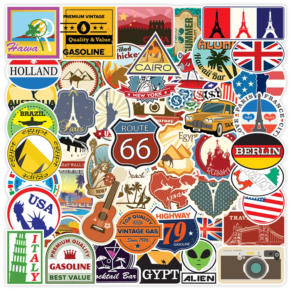 10/30/50/100pcs World Travel Graffiti Stickers Country Symbols Decal DIY Water Bottle Phone Laptop Notebook PVC Kids Sticker Toy