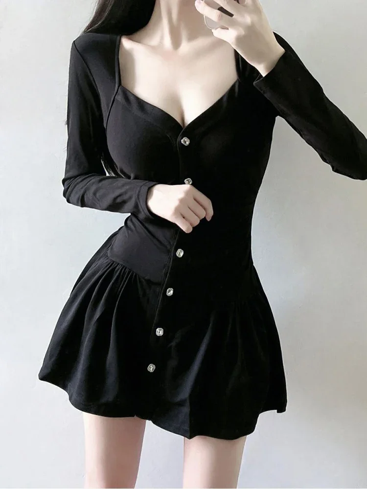 WomenMini Dress Spring Casual Long Sleeve All Match Party A Line Dress Jmprs Sexy Square Collar Black Dress  Elegant Slim Simple