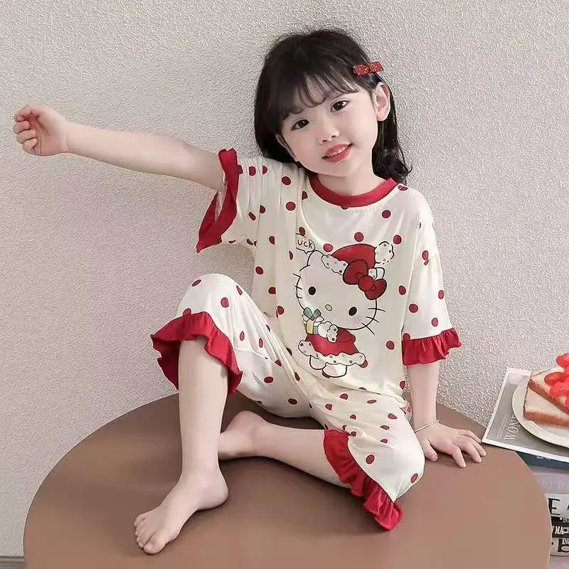 

Sanrio Hello Kitty пижамы для девочек, летний комплект из двух предметов, детская удобная футболка, шорты, пижамы Kawaii, аниме, модный новый стиль, хит продаж