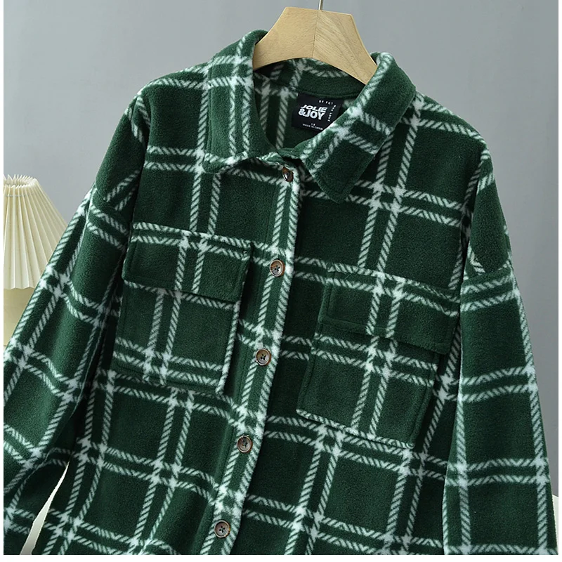 Classic Plaid Collar Fce Jaet Women's Loose Casual Velvet Surface All-Match Jaet irt Single Large Size Ladies' irt