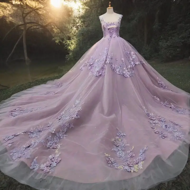 Gorgeous Purple Appliques Evening Dresses Sleeveless Lace Up Chapel Train Special Occasion Ball Gowns For Elegant Women Vestidos