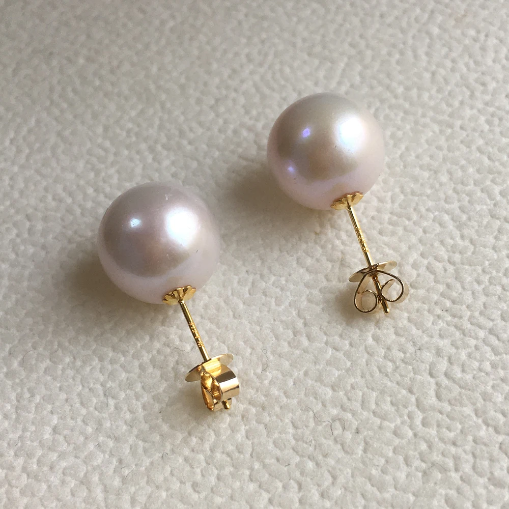 10-11 MM Real Solid 18k Gold Stud Earrings Freshwater AAA High Luster Nature Pearl Au750 Gold