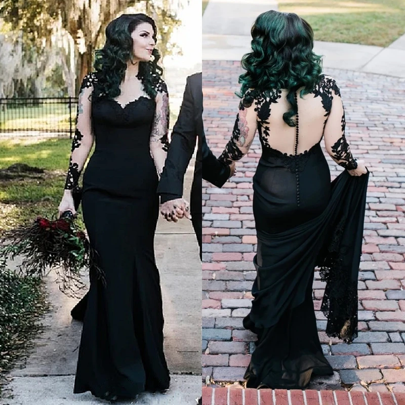 

Capped Long Sleeve Black Wedding Dress Illusion Sexy Backless Mermaid Bridal Gowns Gothic Style Court Train Robe Customized