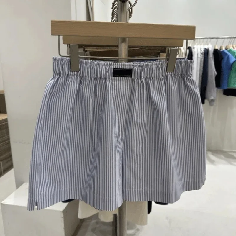 

Korean Commute 2024 Summer New Shorts Women's Elastic High Waist Striped Spliced Epaulet Loose Breathable Casual Wide Leg Pants