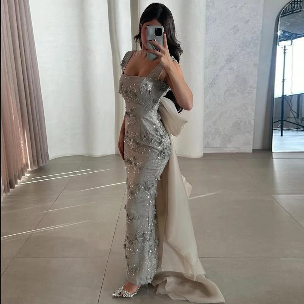 

Вечернее платье из кружева с цветочным принтом по индивидуальному заказу и галстуком-бабочкой со шлейфом и квадратным вырезом, расшитое бисером, платья de fiesta, элегантная официальная одежда с цветком