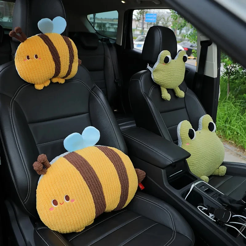 

Creative Cute Pink Flower Green Frog Yellow Bee Plush Soft Stuffed Car Head Pillow Lumbar Support Cushion for Girls Gifts