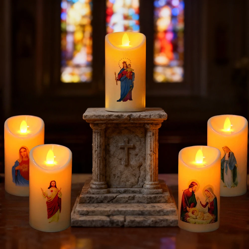 1개 LED 캔들 라이트, 예수 그리스도 캔들 램프 LED 티라이트 플라스틱 기둥 깜박이는 무불꽃 캔들 라이트 배터리 작동