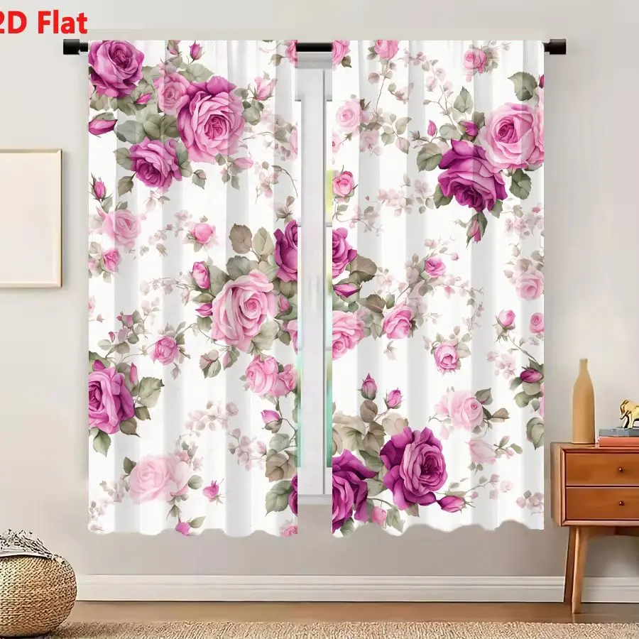 2Pcs Curtains 2D Flat Seamless Floral Pattern With Pink And Purple Roses On Off-white Background Window Drapes for Bedroom Room