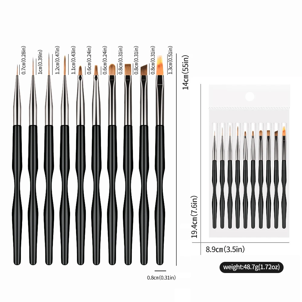 10 pz Pro Nail Art Brush Set Disegno Penna Francese/Linea a strisce/Ombre/Fiore Vernice Estensione delle unghie Gel Pennello per unghie Kit di strumenti per manicure