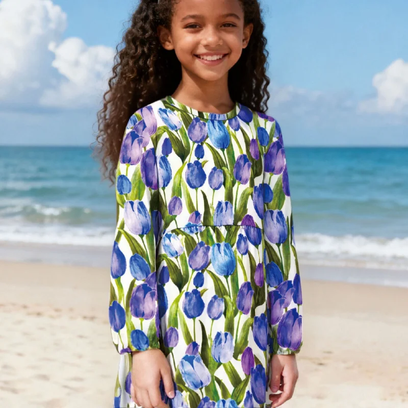 

Girls Casual Fashion Fresh Tulip Print Dress 2026 Spring Summer Autumn New Arrival Comfortable Fit Dress for Girls