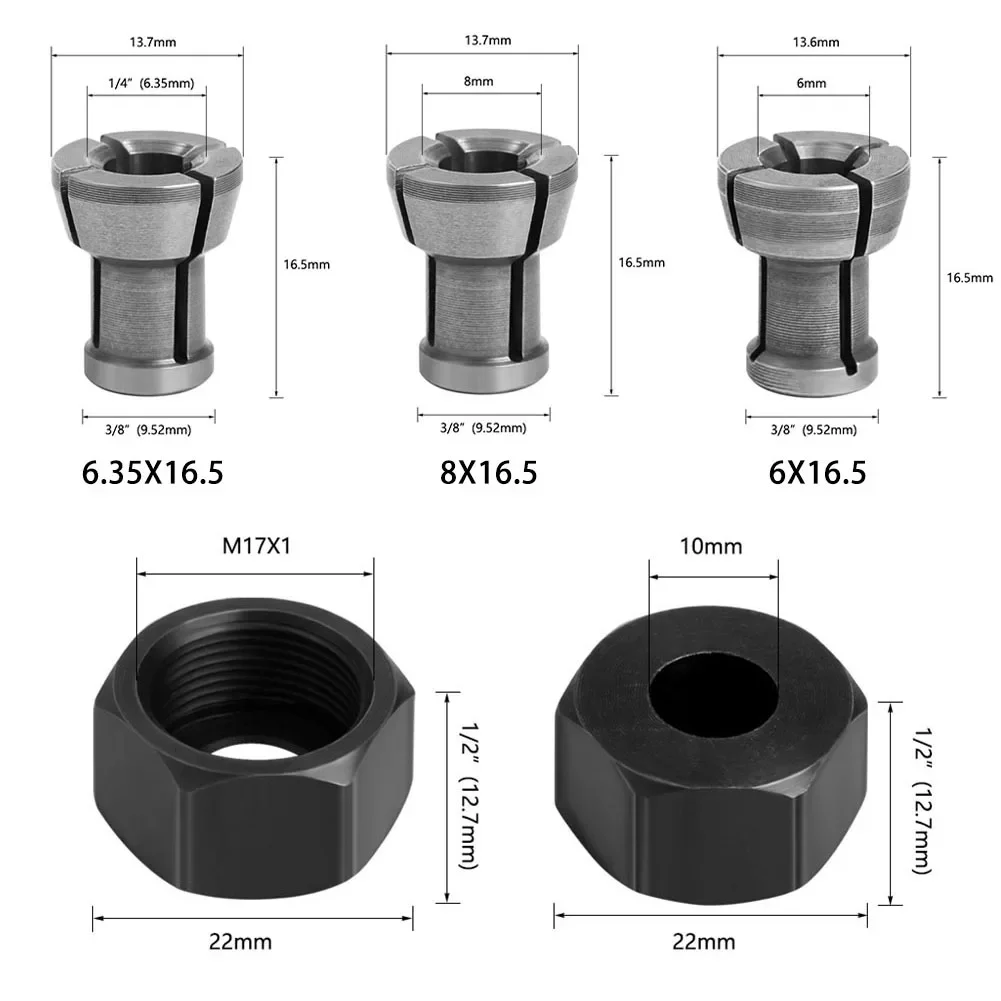 8mm 6.35mm 6mm Collet Chuck Adapter M17 Nut Engraving Trimming Machine Router Collet Chuck Adapter Milling Cutter Accessoies