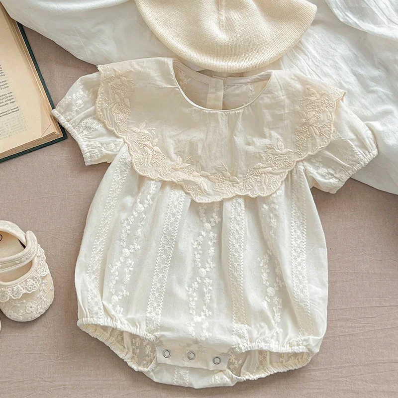 

2025 New Summer Baby Romper 0-24M Children Clothes Climbing Suit Short Sleeved Cotton Embroidery Flower Newborn Baby Girl Romper