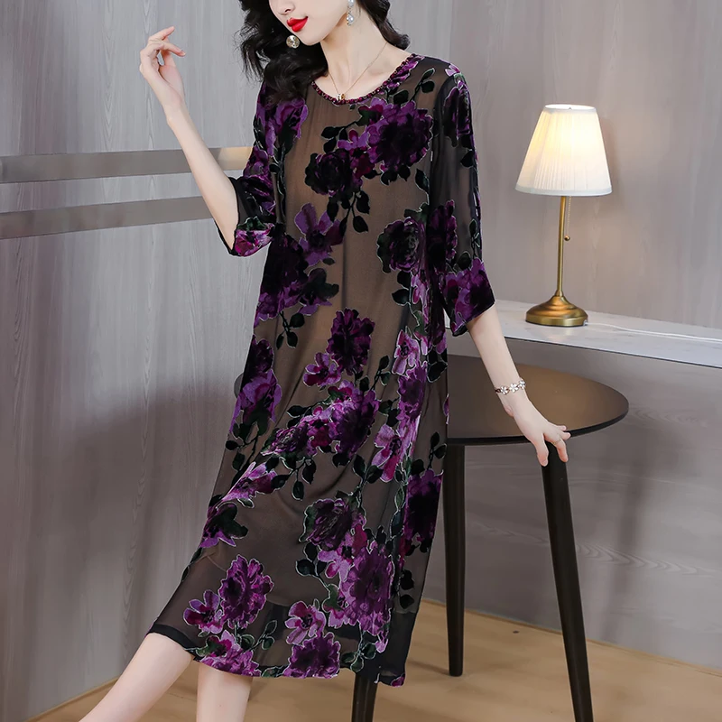 

2023 New Purple Silk Velvet Long Sleeve Flocking Dress Women's O-Neck Loose Large Vintage Burnt Flower Knee Length Skirt