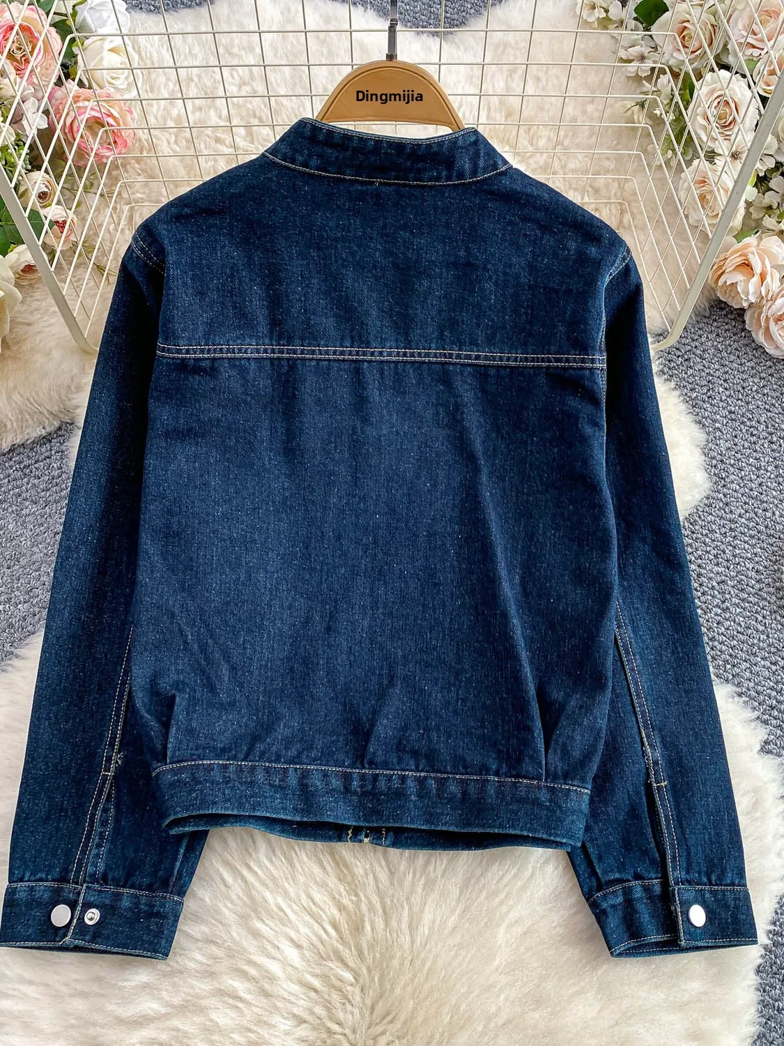 แจ็คเก็ตยีนส์สีน้ำเงินเข้มทรงหลวมสไตล์ฮ่องกงย้อนยุค ซิปยาว คอตั้ง ทรงสลิม สำหรับผู้หญิง เสื้อคลุมอเนกประสงค์สำหรับฤดูใบไม้ร่วง