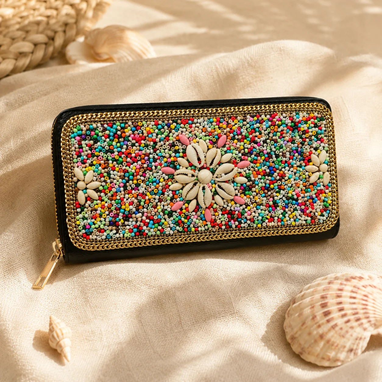 Colorful boho zip-around wallet featuring hand-applied seed bead decoration and shell-inspired floral details. Made with a black