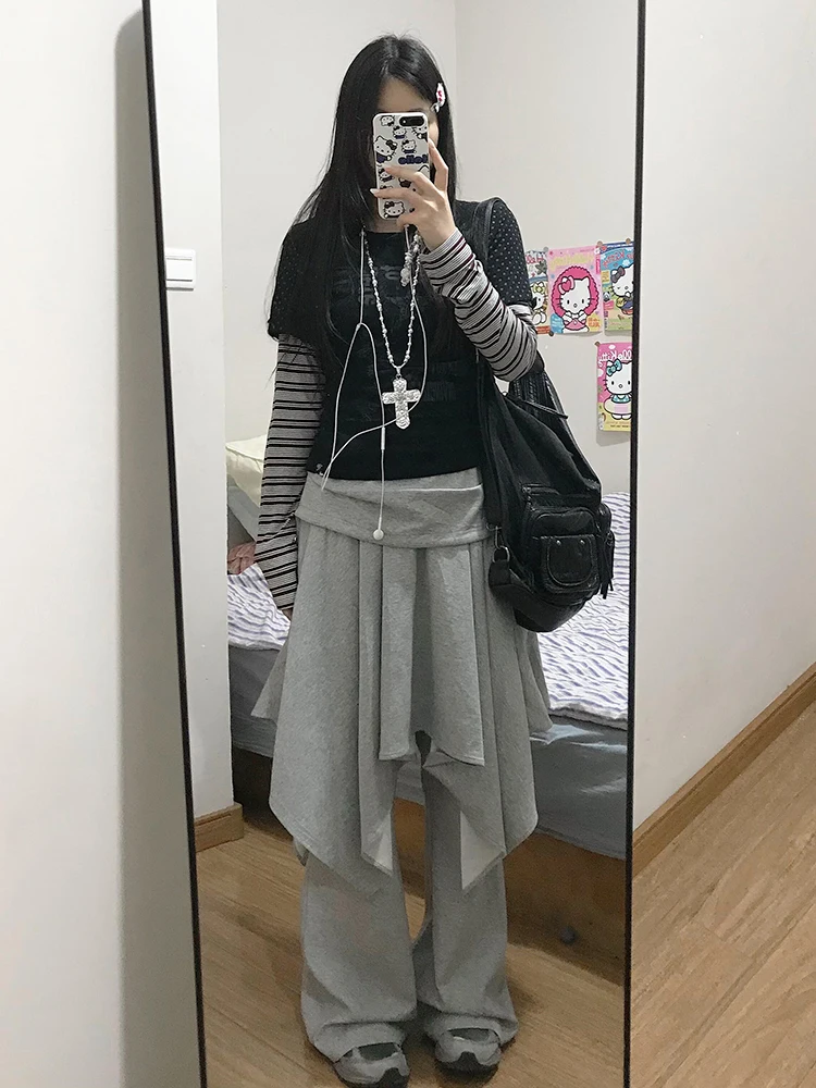 ReddaChic Szare spodnie dresowe z elastyczną talią, szerokie nogawki, asymetryczna spódnica, spodnie do warstwowego noszenia, grunge, koreańskie ubrania damskie