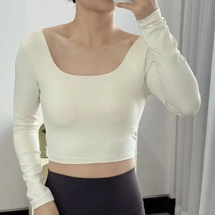Women Slim Fit Tight Long Sleeve Sports Top One Piece Chest Pad Design Figure Shaping Yoga Training Fitness top