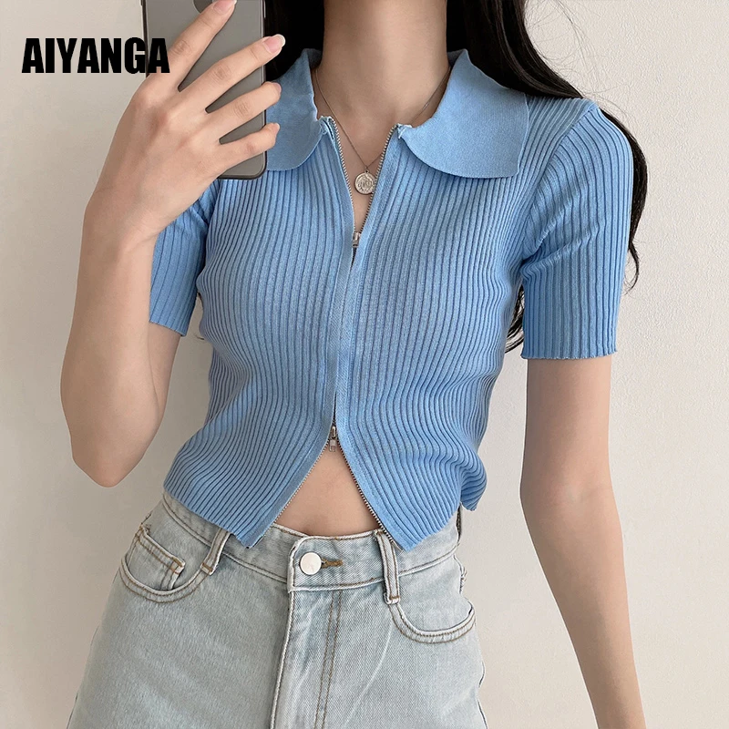 

2022 Women Summer Short Sleeve Zipper Up T-shirt Ribbed Crop Tops Sexy Open Stitch Knitted Tunic Polo Tee Solid Slim T Shirts