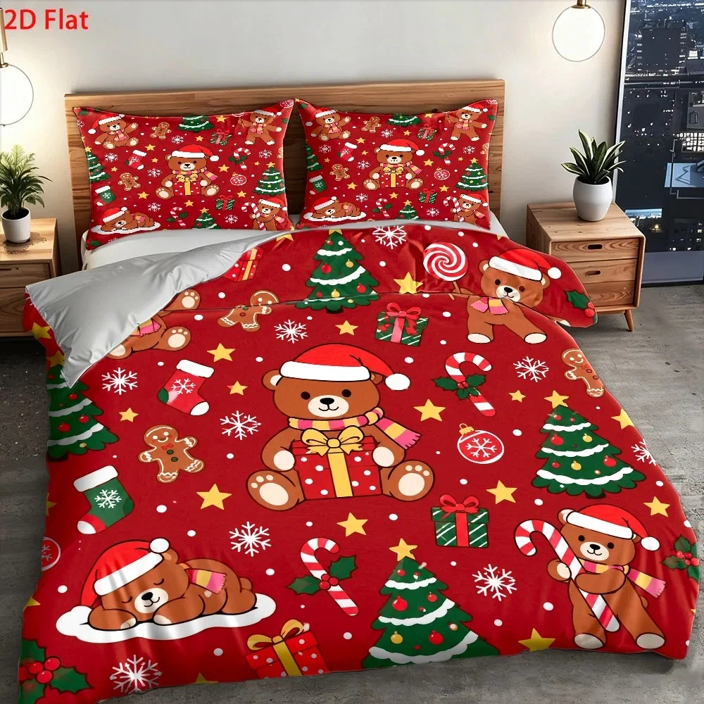 Christmas Hooded Bear Duvet Cover Set, Three-Piece Bedding Set (1*Duvet Cover + 2*Pillowcases), Festive Party Atmosphere Decoration, Suitable for All Seasons, Machine Washable, Invisible Zipper Design, Large Double Bed Cover Set, Suitable for Home, Dormitory, Master Bedroom, Guest Room, Ins-Style Japanese Floral and Animal Pattern Bedding, Specially Designed for Comfort and Skin-Friendly Bedding, Bedroom Decoration and Sleep Essentials, 2D Flat Print