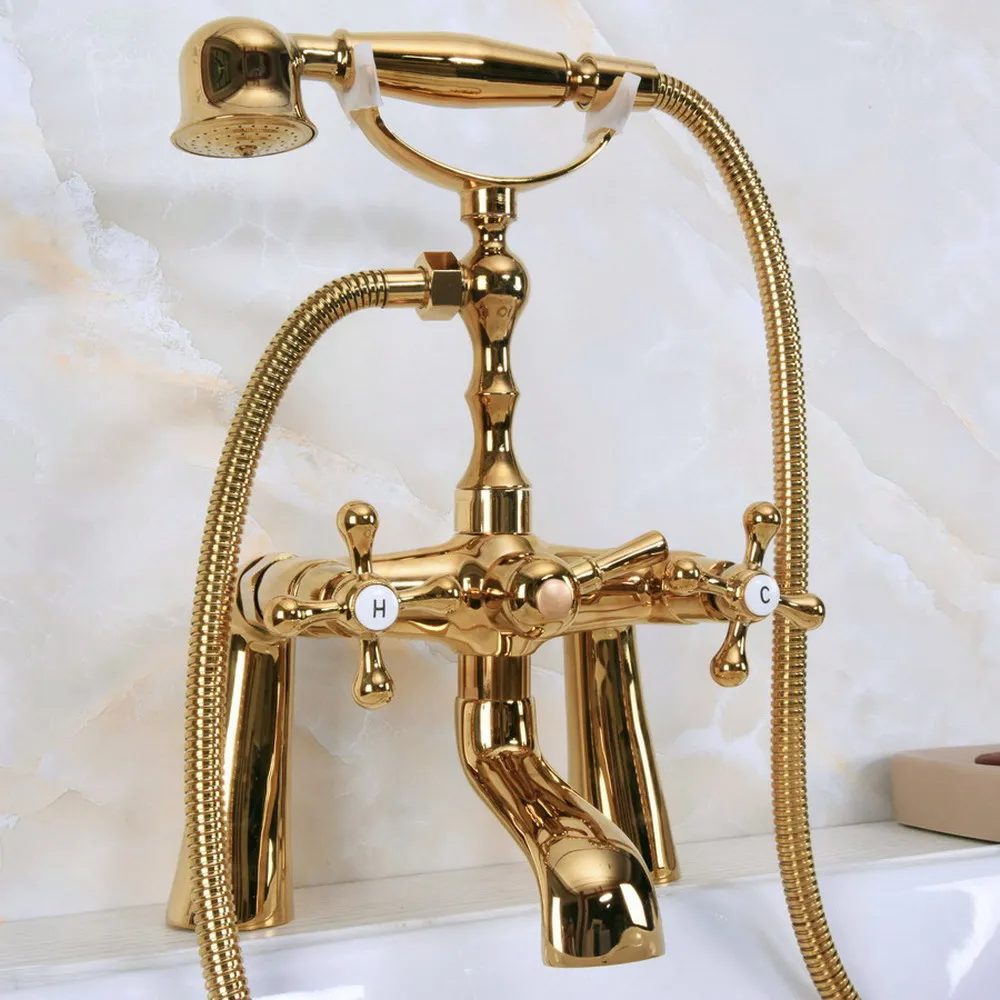 

Gold Color Brass Clawfoot Bath Tub Faucet with Handshower - Deck Mount ana151