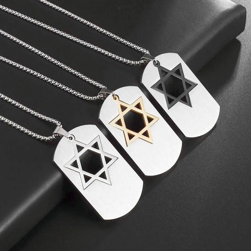 Star of David Necklace Stainless Steel Geometric Hexagon Cutout Dog Tag Pendant Judaism Men\\\\\\\'s Charm Casual Jewelry Gift