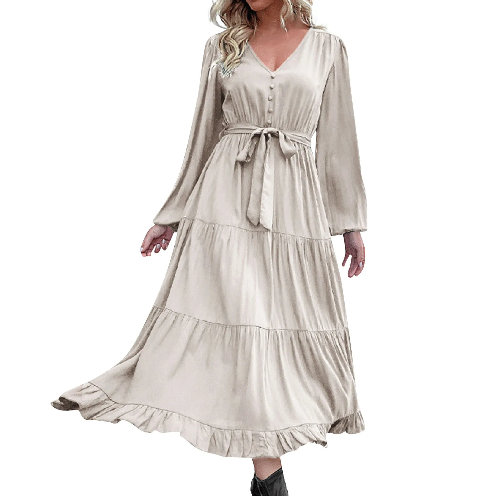 

2023 New Women Spring Summer Temperament Cross Solid Color V Neck Large Hem Pleated Long Dress For Fashion