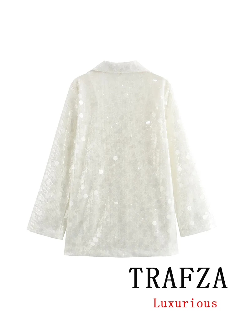 Trafza เสื้อเบลเซอร์คอวีแขนยาวสำหรับผู้หญิง, เสื้อเบลเซอร์ประดับด้วยเลื่อม2024แฟชั่นใหม่เสื้อเบลเซอร์ฤดูร้อนสีพื้นไซส์ใหญ่พิเศษสำหรับชุดลำลองย้อนยุค