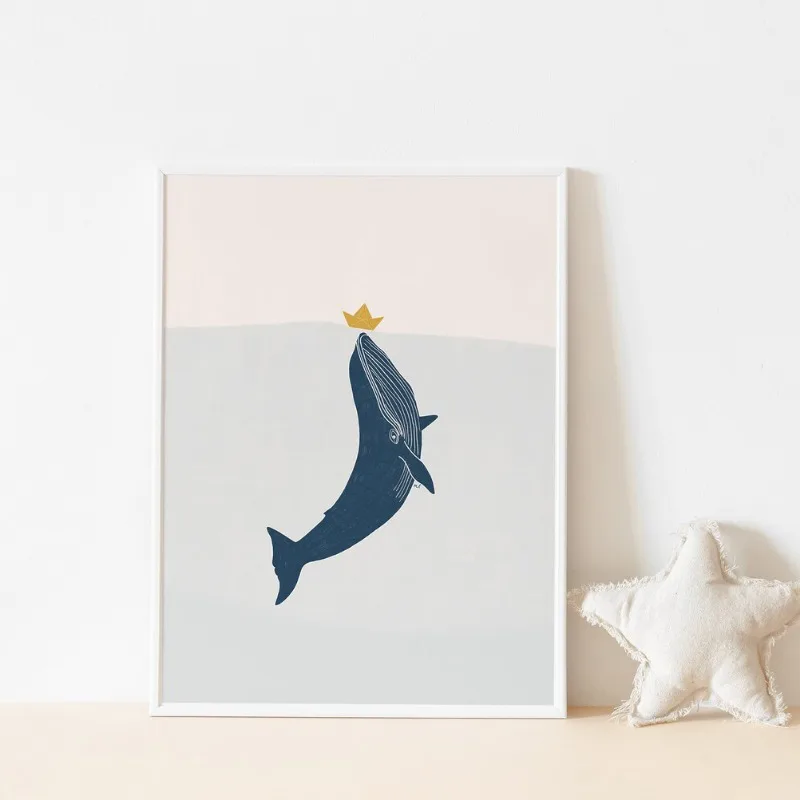 Humpback Whale Sailing Boat Cartoon Poster Prints Ocean Animals Nautical Nursery Wall Art Canvas Painting for Kids Room Decor