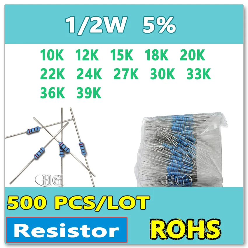 Jasnprosma 500 Cái/lốc 5% 1/2W 10K 12K 15K 18K 20K 22K 24K 27K 30K 33K 36K 39K Carbon Phim Nhúng Ohm Điện Trở