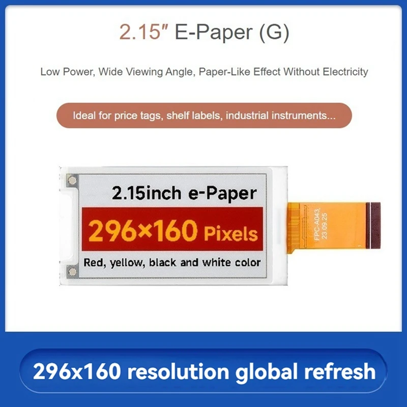 2.15Inch E-Paper Display (G), E-Ink Display, 296X160 Pixel, Red/Black/White/Yellow Electronic Ink Screen, SPI Interface