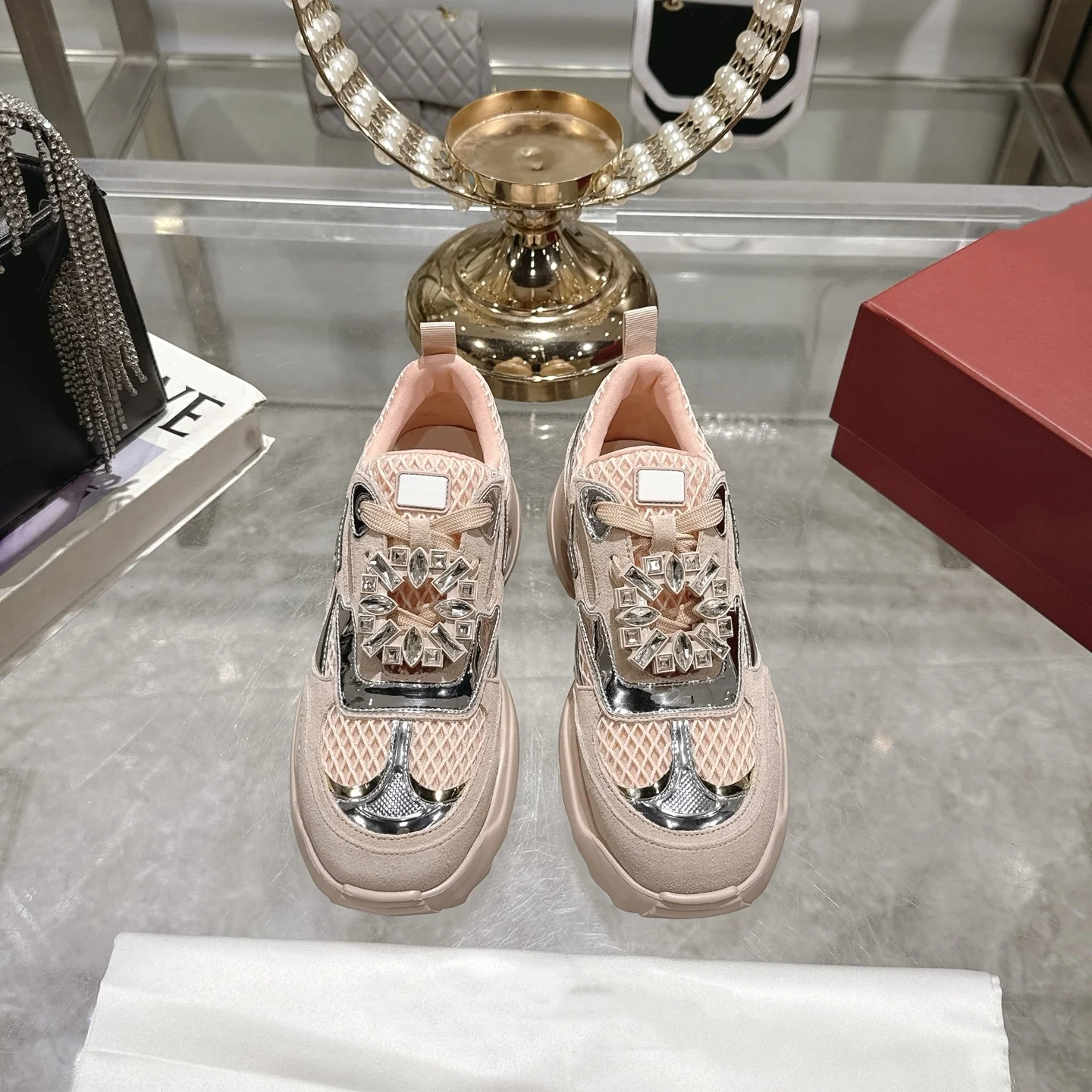 

2025 New Fashionable Versatile Square Buckle Rhinestone Mesh Breathable Casual Sports Shoes