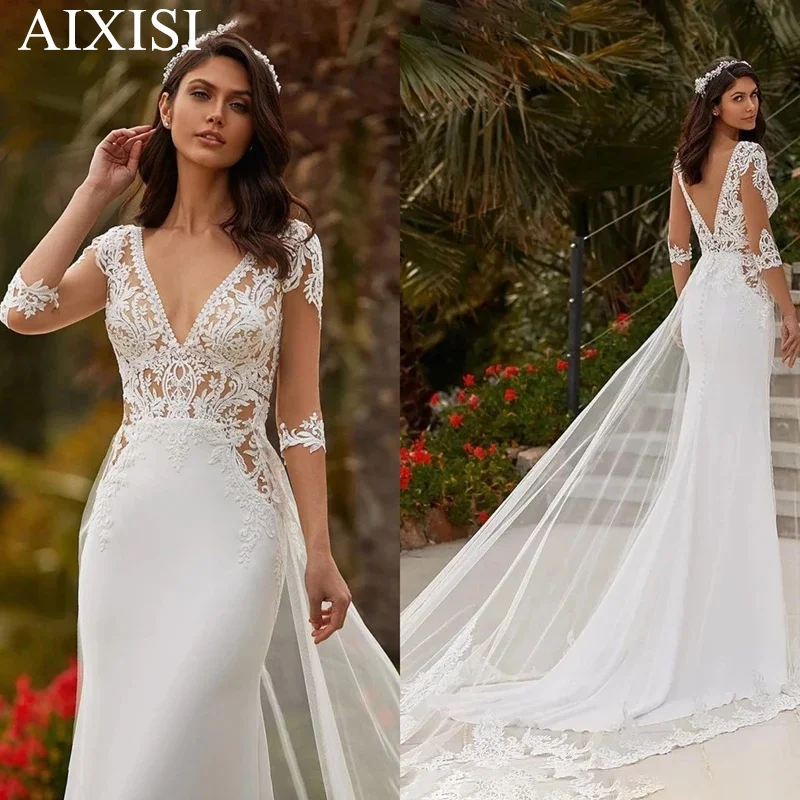 Robe De mariée pour femmes, col en v, manches mi-longues, dos nu