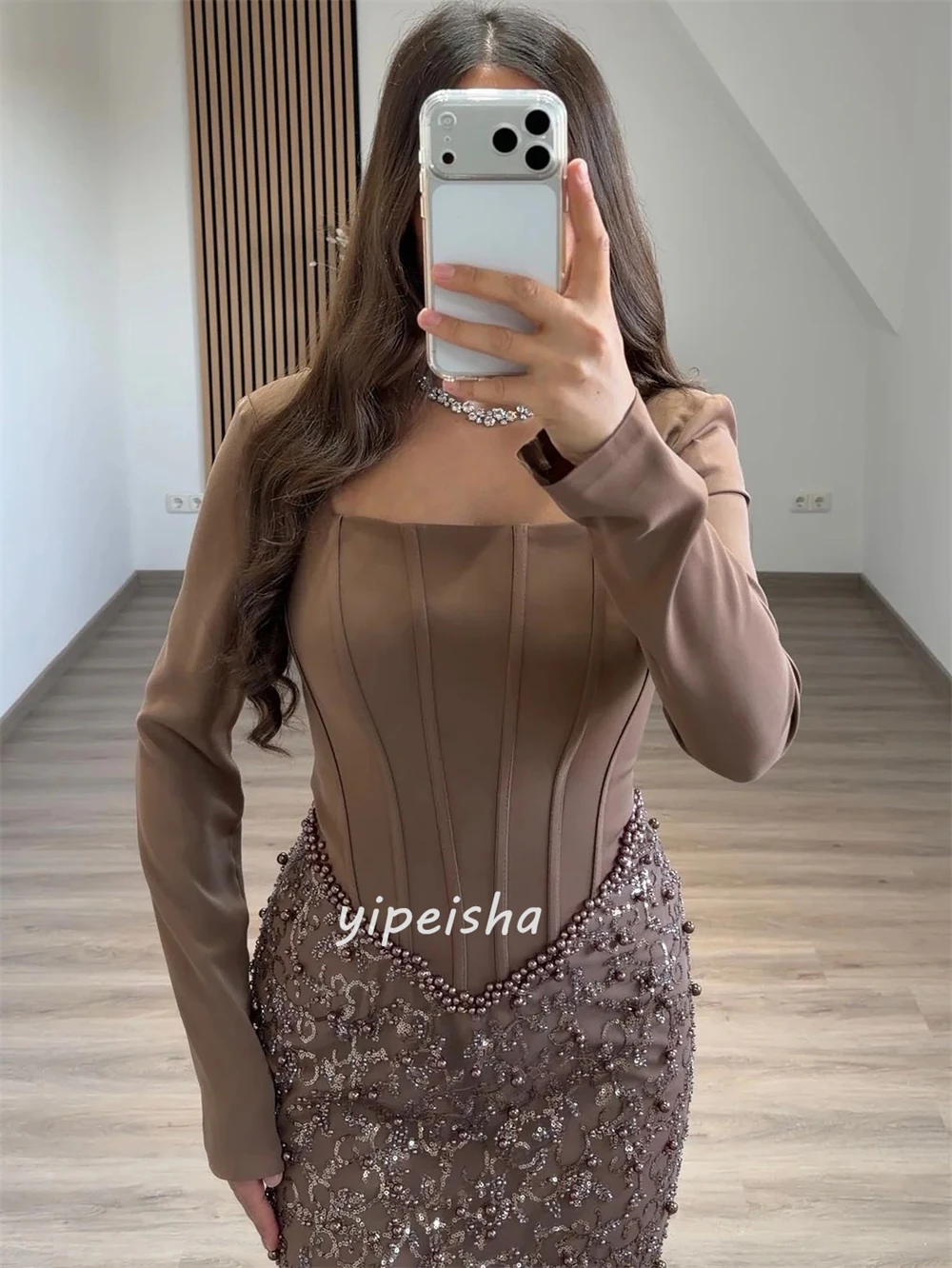 Szyte na miarę wysokiej jakości sukienki w stylu jersey, zdobione cekinami i koralikami, o kroju syreny, z kwadratowym dekoltem, długie sukienki na specjalne okazje, seksowne i dopasowane.