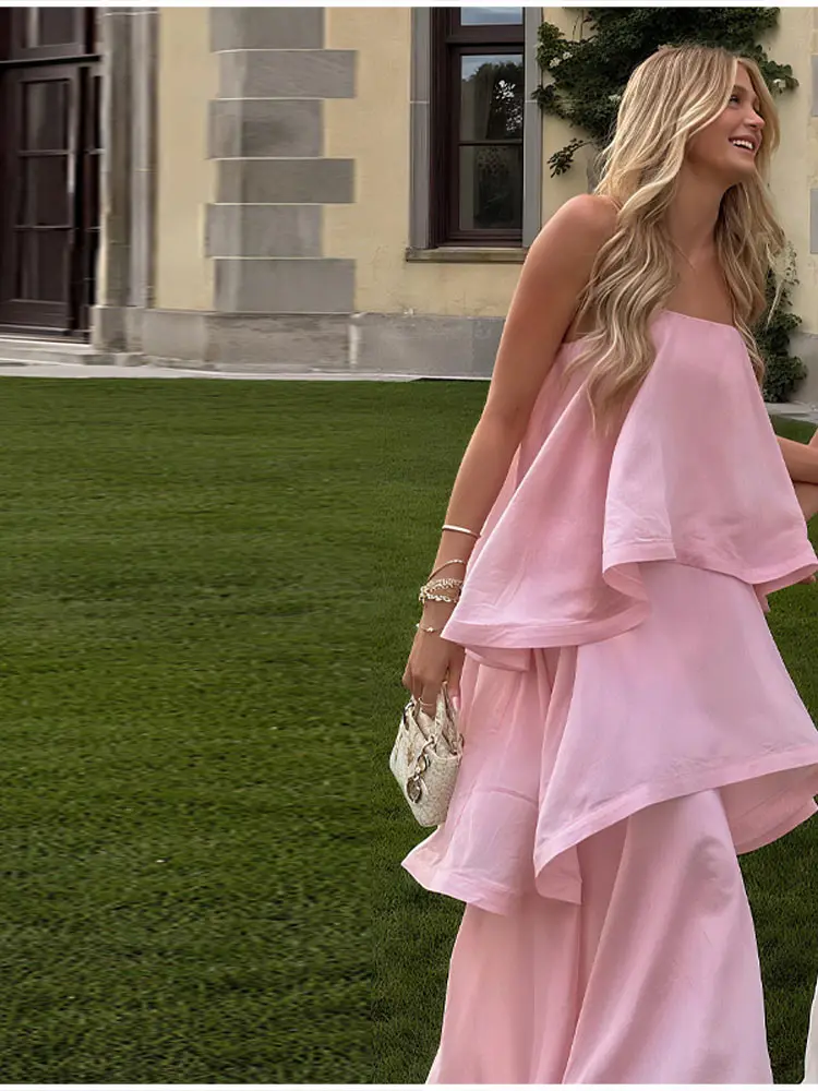 Chique doce rosa camada bainha halter vestido sem mangas uma linha festa maxi vestidos elegantes longos 2026 sólido commuter robes