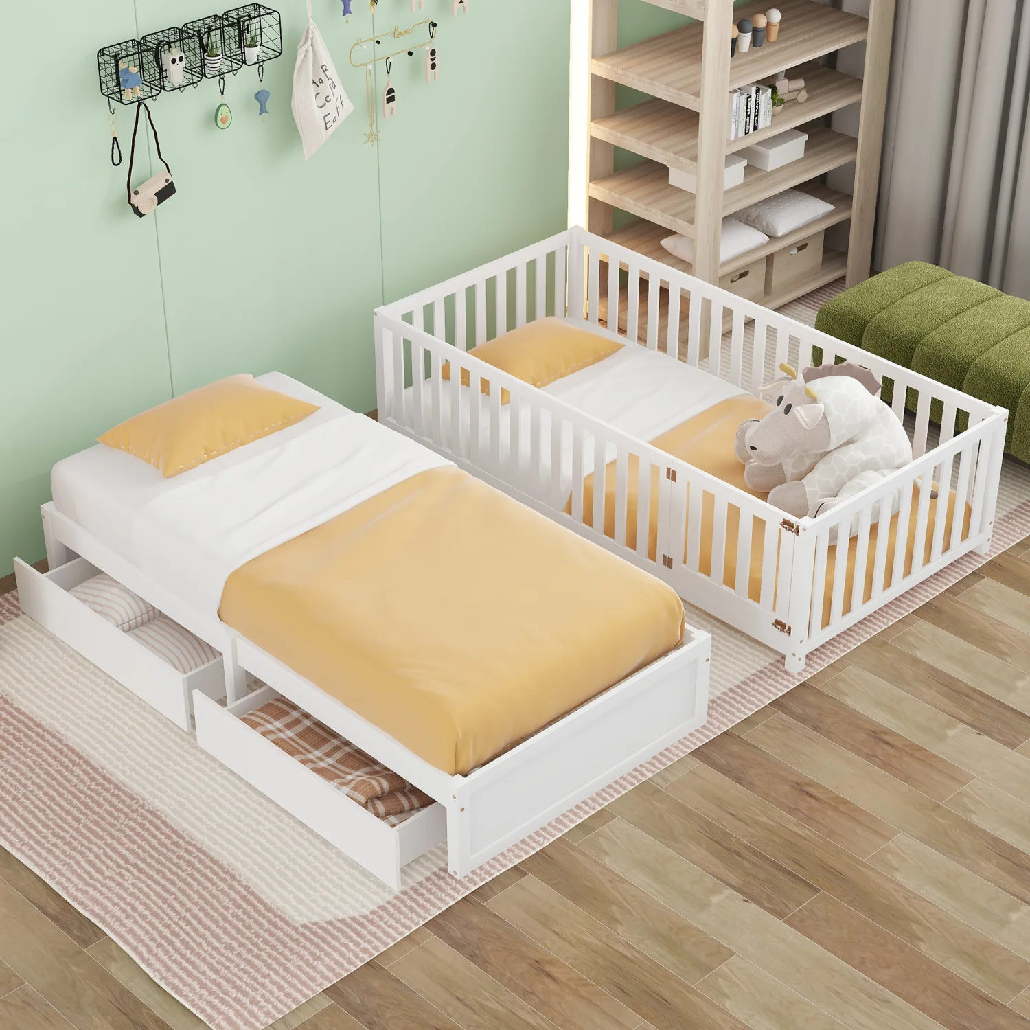 Twin Size Wood Daybed with Fence Guardrails and 2 Drawers, Split into Independent Floor Bed & Daybed, White(OLD SKU  LP000881AAK