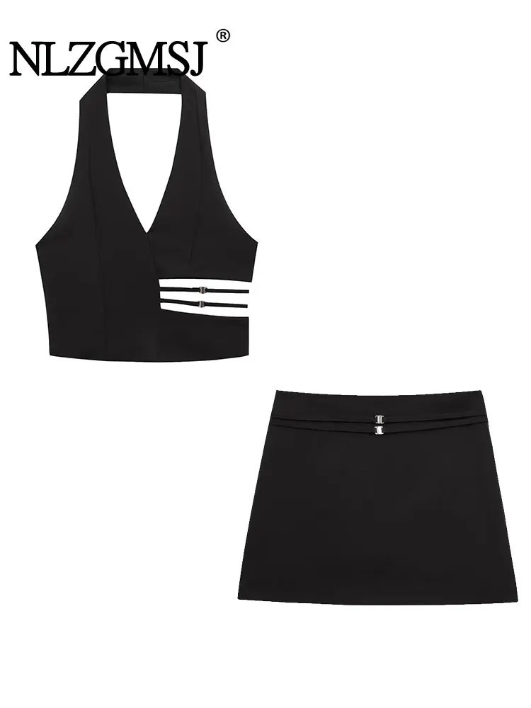 

NLZGMSJ 2025 Summer Sexy Chic Women Suit Halter Hollow Decoration Vest Short Folds Skirt Fashion Female Two Piece Sets