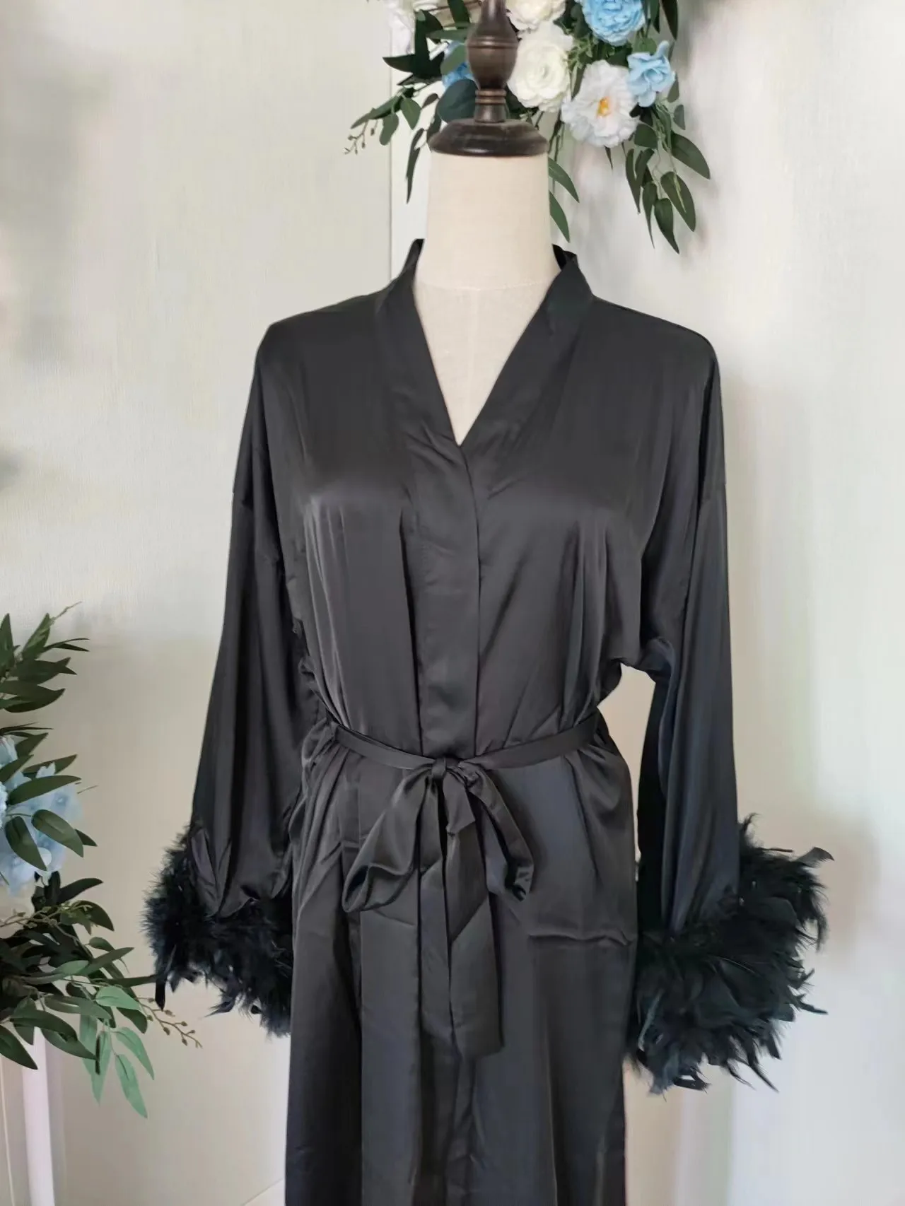 Feather Long Bridal Robe Bride Robe For Wedding Day With Feather Blush Kimono Black Boudoir Floor Length Robe Maxi Dressing Gown