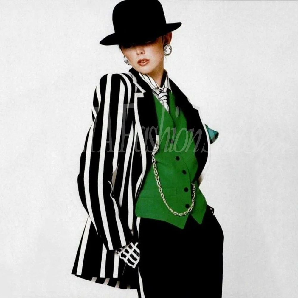 

Женский винтажный деловой костюм-тройка (жакет, брюки, жилет) из шерстяной ткани в черно-белую полоску, настраиваемый размер