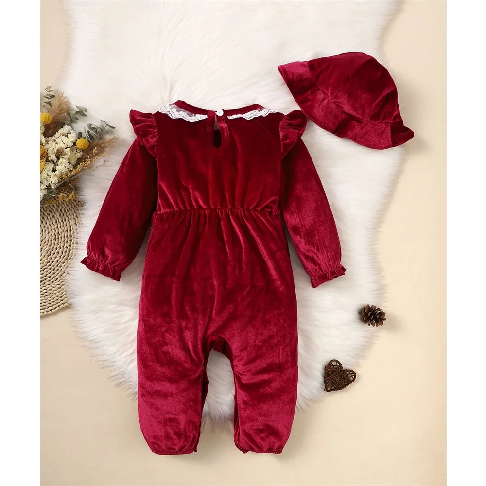 Christmas 2PCS Clothing Outfits Baby Girl Silky Romper with Hat Lace Neck Long Sleeve Jumpsuit Clothes for 0-2Years Toddler Girl