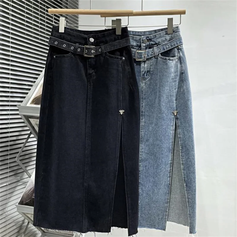 

Retro denim split skirt women's 2022 spring and autumn belt high waist straight skirt long skirt