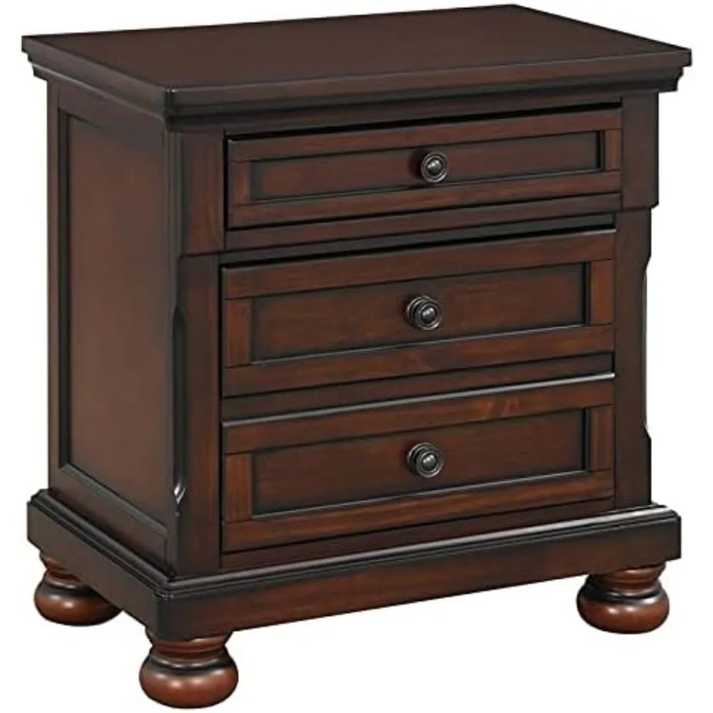 Modern  Traditional 3-Drawers Wood Bedside Nightstand in Brown Cherry Dark Bronze Tone Knobs. Bedroom Bedside Table Furniture