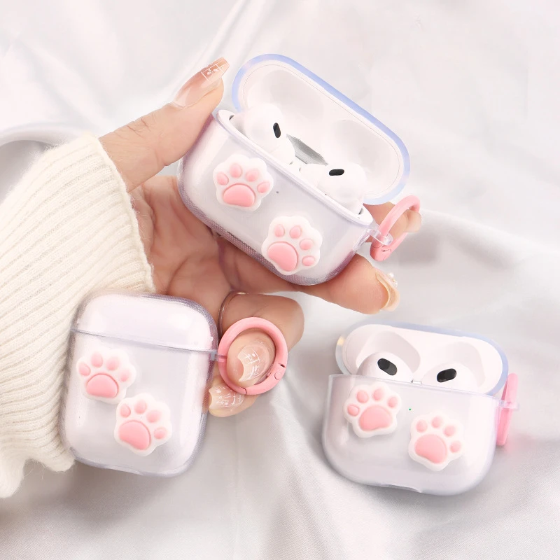 เคสหูฟังอุ้งเท้าสีชมพูน่ารักสำหรับ airpods 1 2 Pro 2เคสใส TPU Air pods 3หูฟังบลูทูธพร้อมพวงกุญแจ