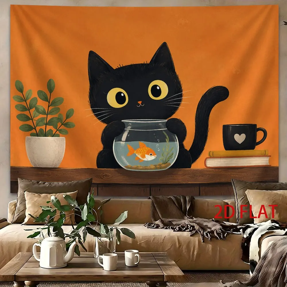 Cartoon Black Cat and Fish Aquarium Tapestry Wall Hanging Home Decor Living Room Art Poster Polyester Fabric Cute Cat Lover Gift
