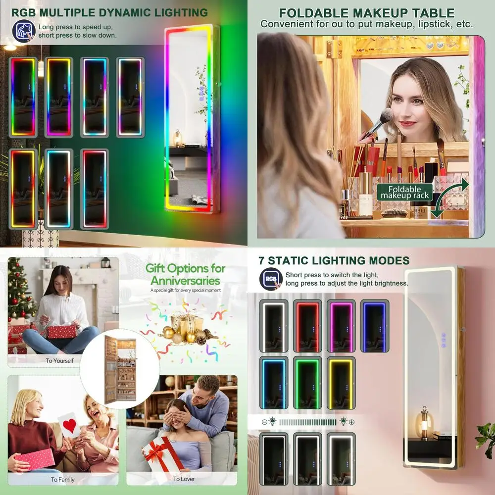 

47.2 Wall-Mounted Full-Length Mirrored Jewelry Cabinet with RGB Lighting, Over-the-Door Storage, Folding Design, 2 Drawers, Lock