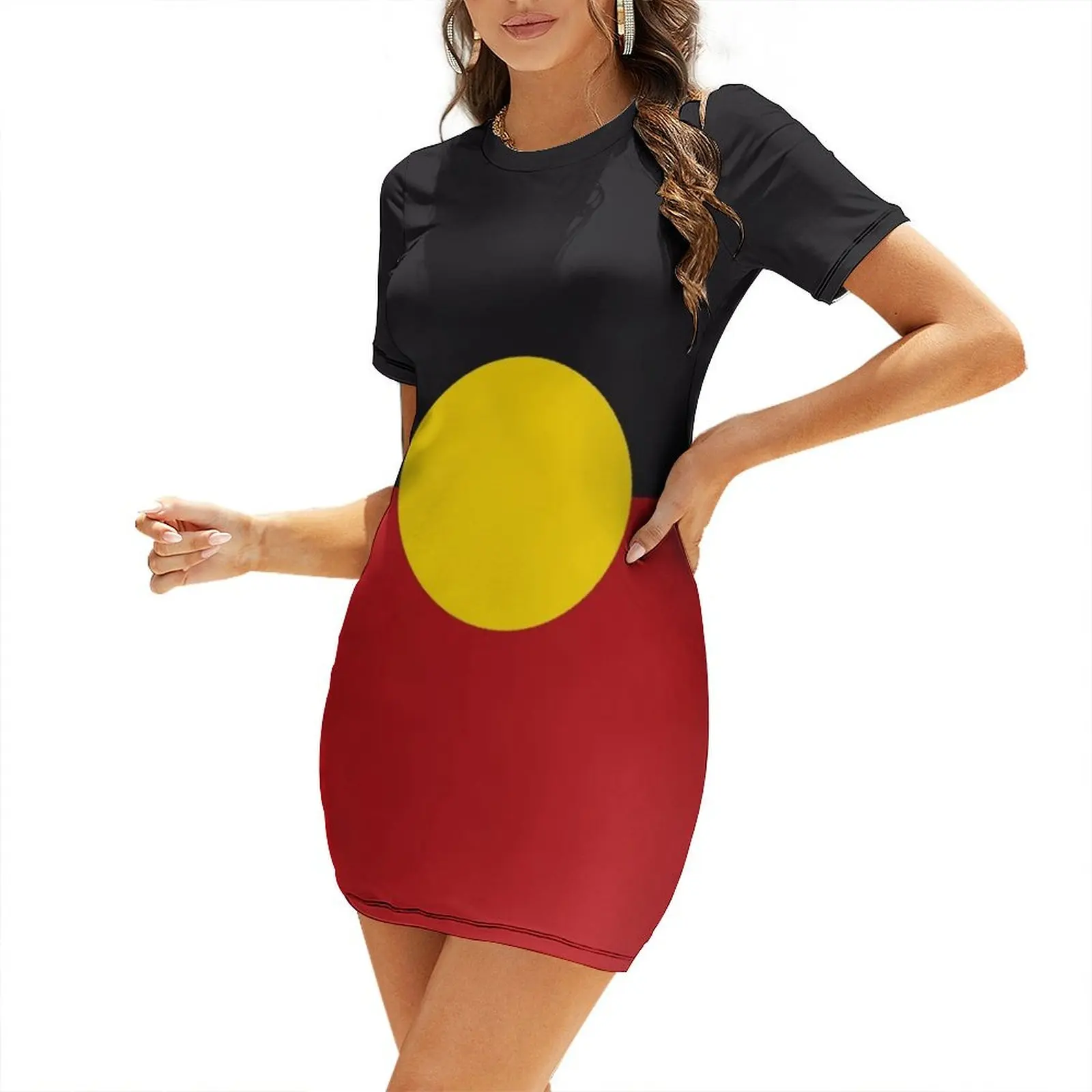 

Australian Aboriginal Flag black red with a yellow Sun giver of life and protector HD High Quality Short Sleeved Dress