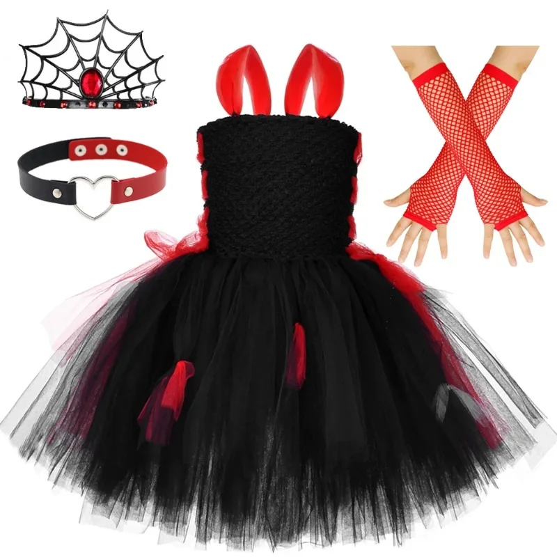 Girls Horror Style Tulle Dress,  Kids Carnival Party Outfit Set,  Children Devil Themed Halloween Carnival Stage Clothing